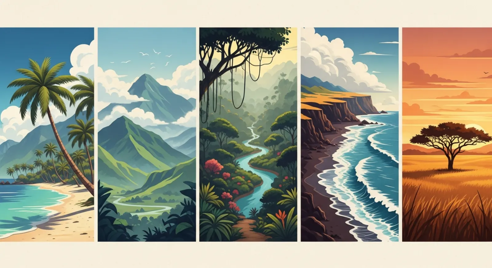 Illustrative collage showing diverse Colombian landscapes — Caribbean coast, Andes mountains, Amazon jungle, Pacific coast, and llanos plains