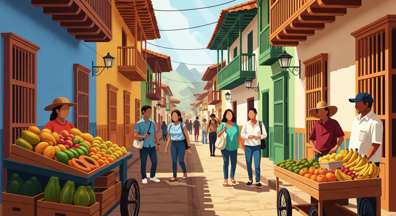 Warm illustration of a peaceful Colombian street scene with people walking among colorful buildings