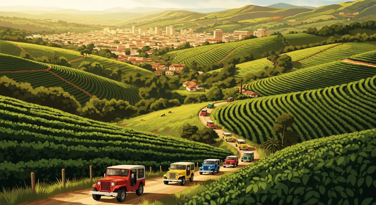 Panoramic illustration of Armenia Colombia with green rolling hills, coffee plantations, and colorful Willys Jeeps in warm golden light