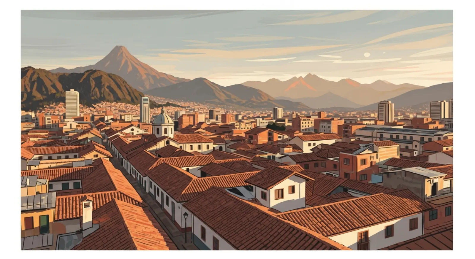 Illustrative view of Bogota — Monserrate mountain rising above La Candelaria rooftops with the Andes mountains in the backdrop