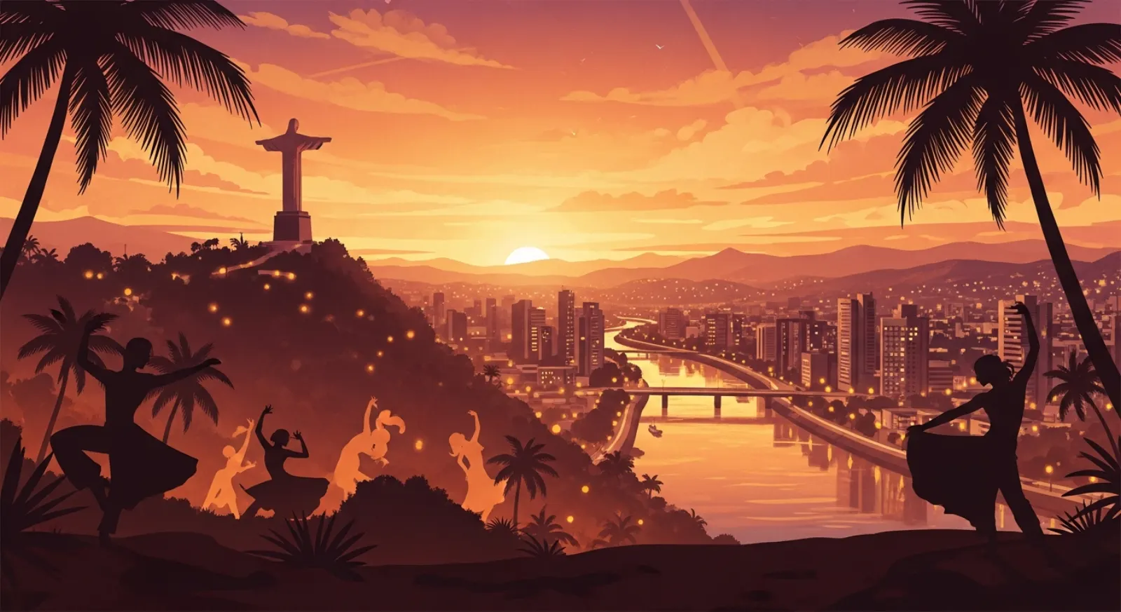Panoramic illustration of Cali with Cristo Rey statue, river, and salsa dancers at sunset