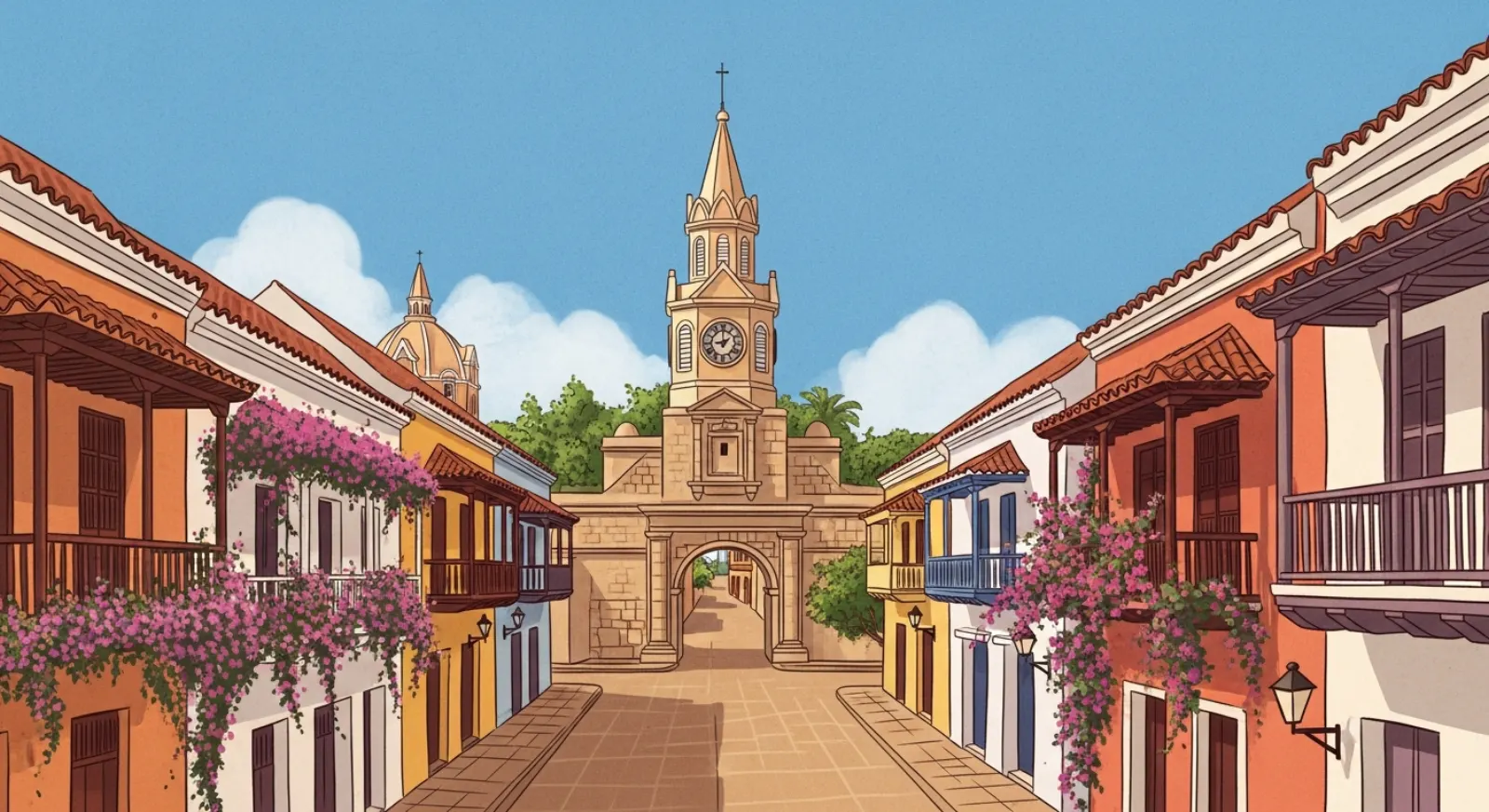 Illustrative panorama of Cartagena — Clock Tower, colorful balconies with bougainvillea, cobblestone streets under a Caribbean blue sky