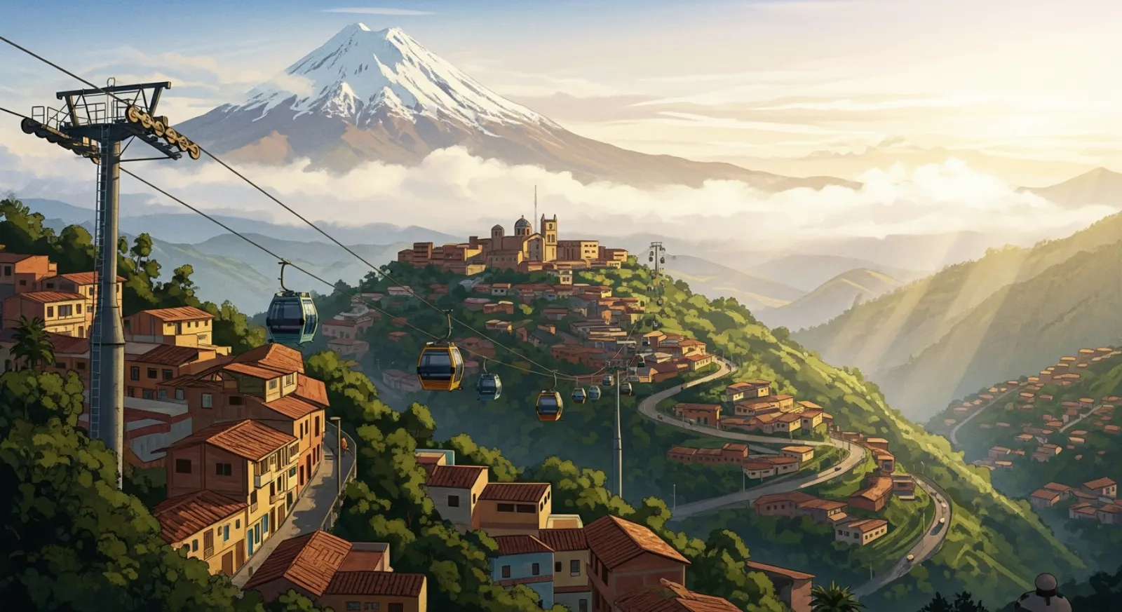 Panoramic illustration of Manizales perched on an Andean ridgeline with Nevado del Ruiz volcano, cable car, and misty morning atmosphere