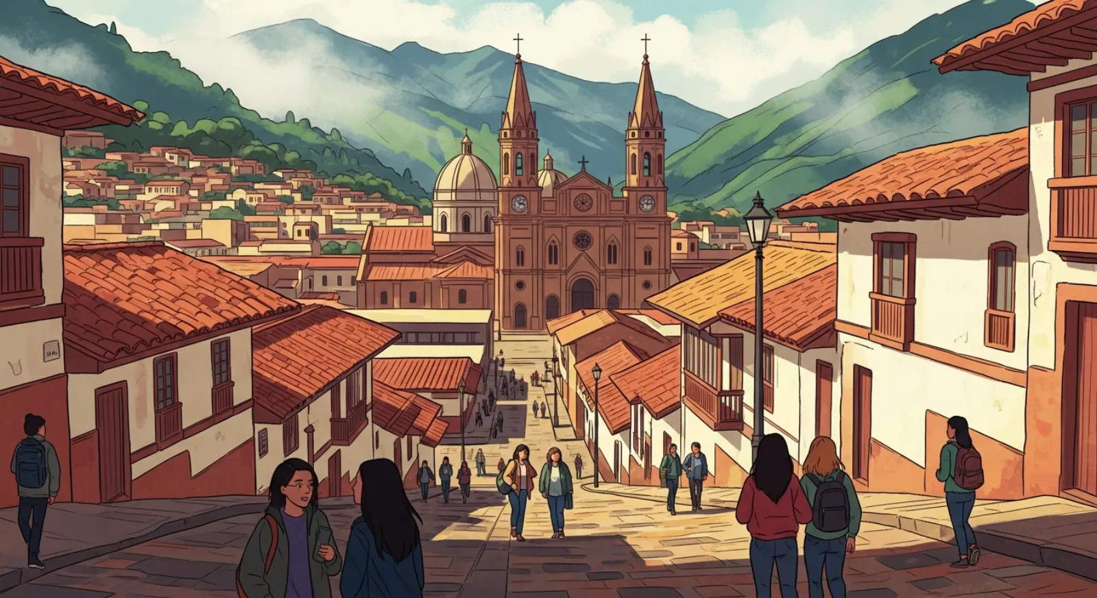 Illustration of Manizales centro with the Catedral de Manizales, university students on steep hillside streets, and cool mountain atmosphere