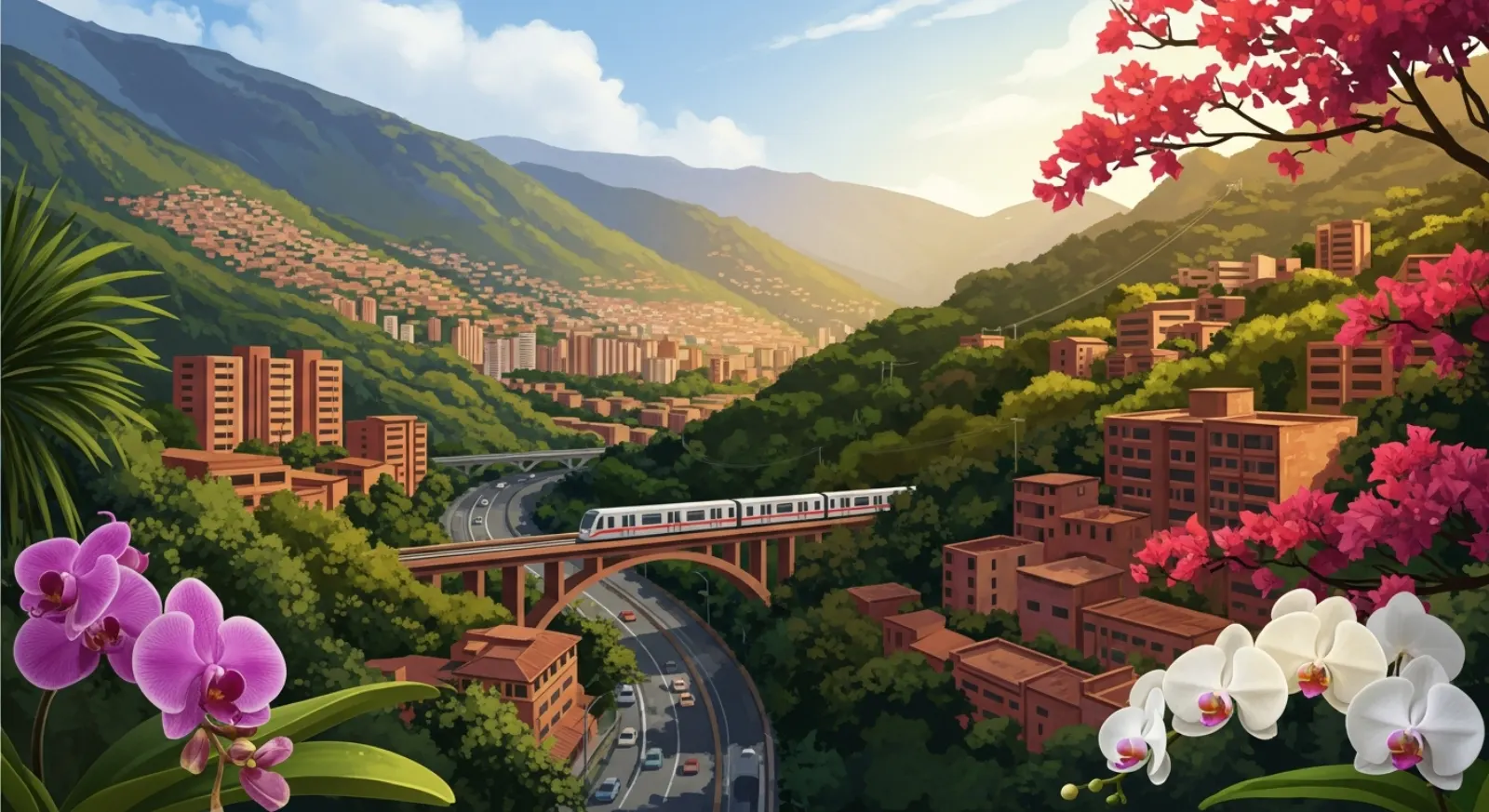 Panoramic illustration of Medellin valley with green mountains, modern metro, eternal spring flowers, and warm golden light