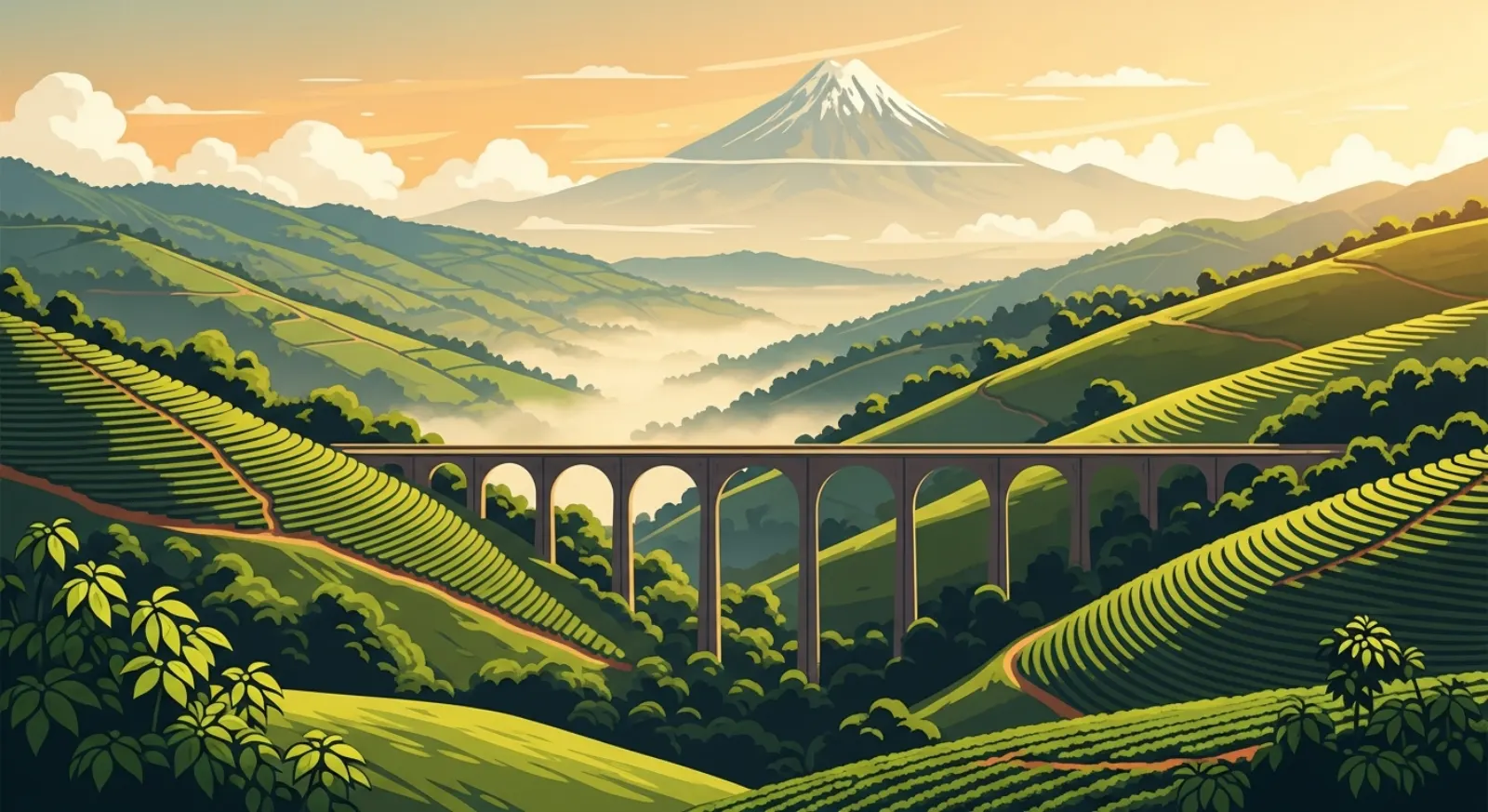 Illustration of Pereira with Viaducto bridge, coffee hills, and Nevado del Ruiz in morning mist