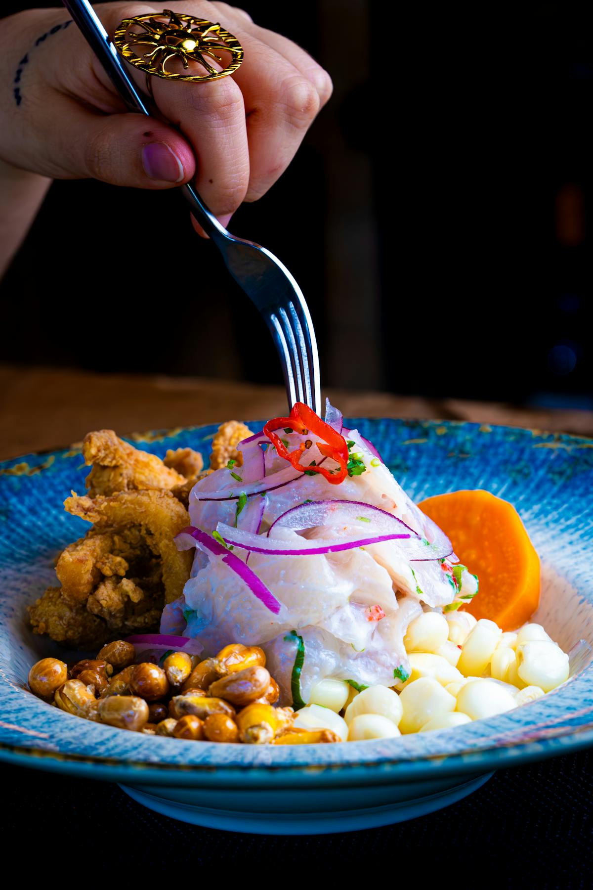 Fresh ceviche with seafood garnished and beautifully plated