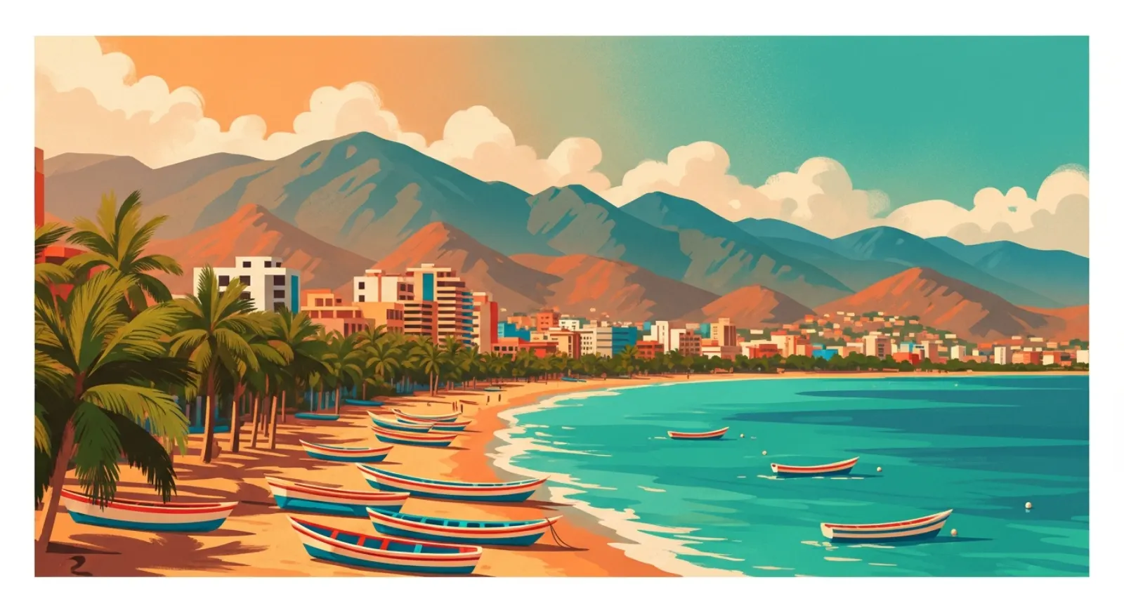 Panoramic illustration of Santa Marta with Caribbean coastline and Sierra Nevada mountains