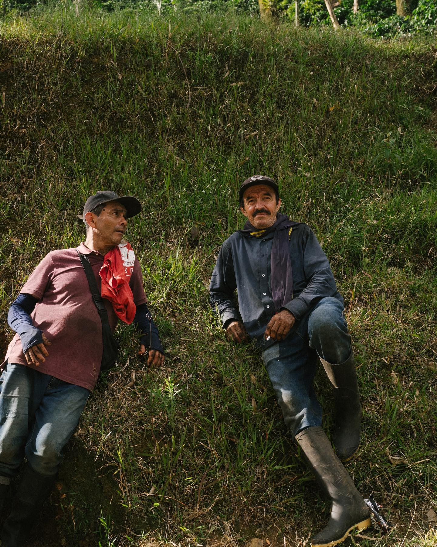 Two farmers sitting on a hillside in Colombia