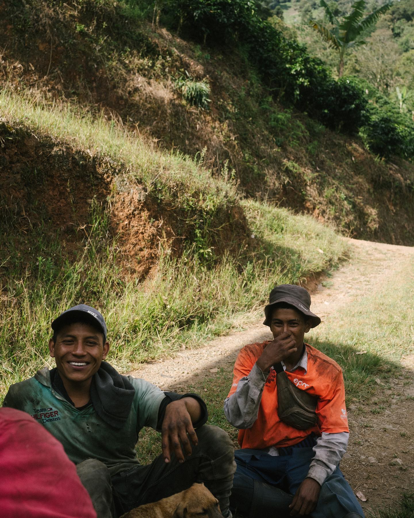 Colombian farmers laughing on a hillside
