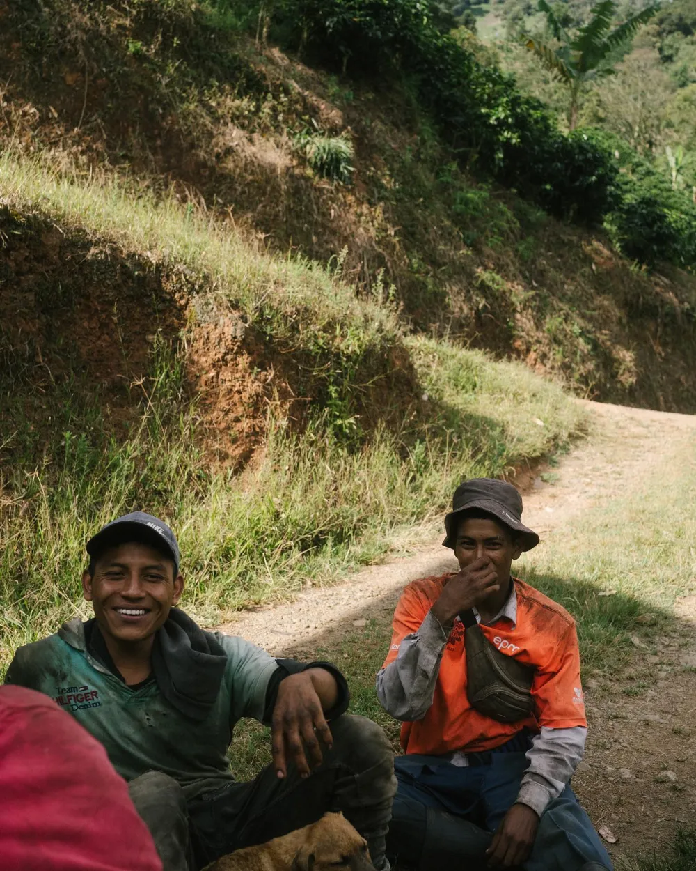 Colombian farmers laughing on a hillside