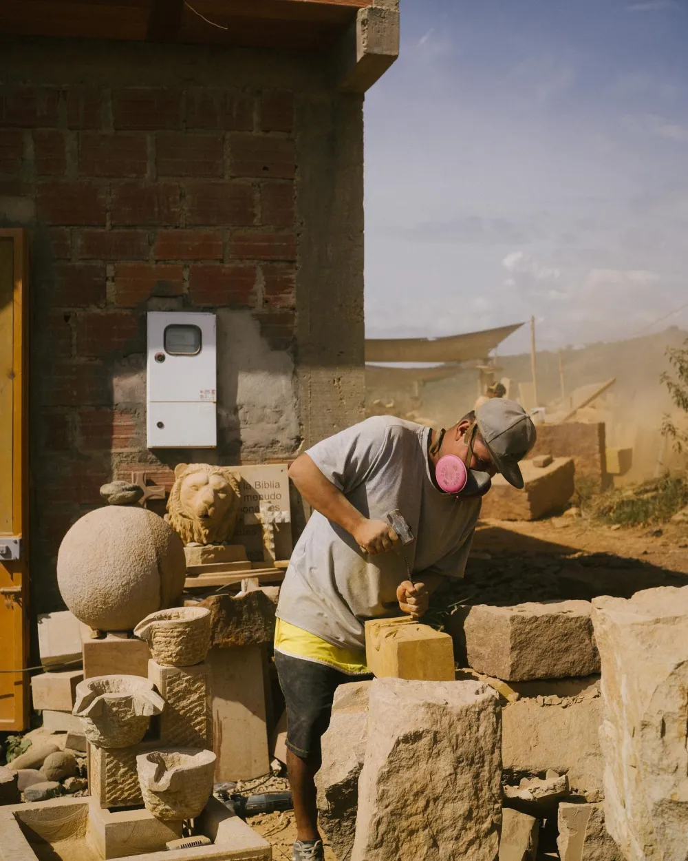 Stone carver at work in Barichara, Colombia